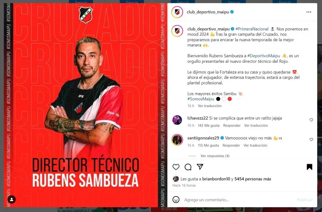 Rubens Sambueza fue anunciado como nuevo DT del club Deportivo Maipú de Mendoza (FOTO: @club_deportivo_maipu/INSTAGRAM).