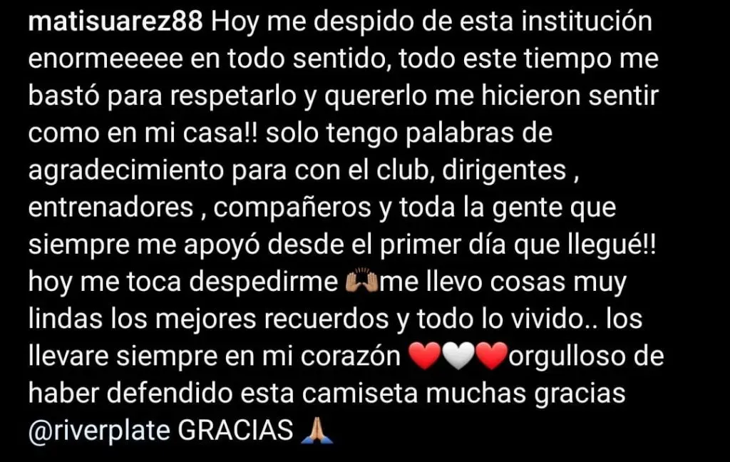 La despedida de Suárez en su Instagram.
