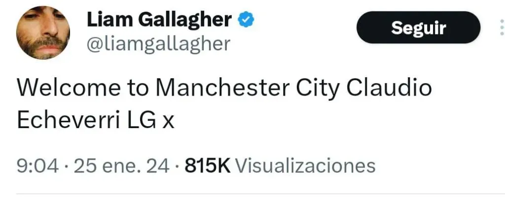 El saludo del cantante de Oasis al Diablito Echeverri. (Foto: Twitter).