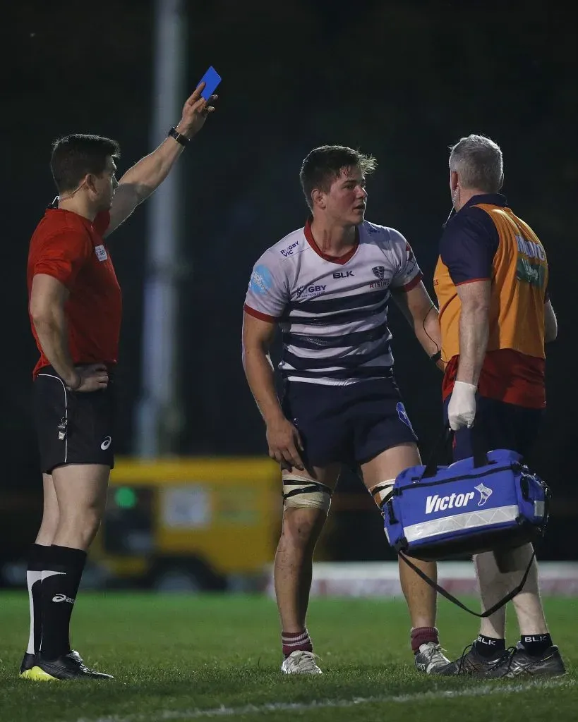 MELBOURNE, AUSTRALIA – OCTOBER 05: The referee shows a blue card as Richard Hardwick of the Rising receives medical attention for a knock to the head during the round 6 NRC match between Melbourne Rising and Fijian Drua at Casey Fields on October 05, 2019 in Melbourne, Australia. (Photo by Daniel Pockett/Getty Images)