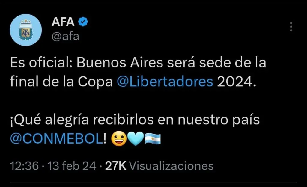 El tweet de la AFA sobre la final de la Copa.