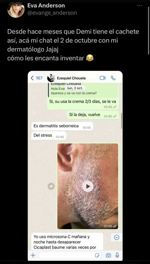 La desmentida de Evangelina Anderson por los rumores sobre Demichelis. (Foto: Twitter).