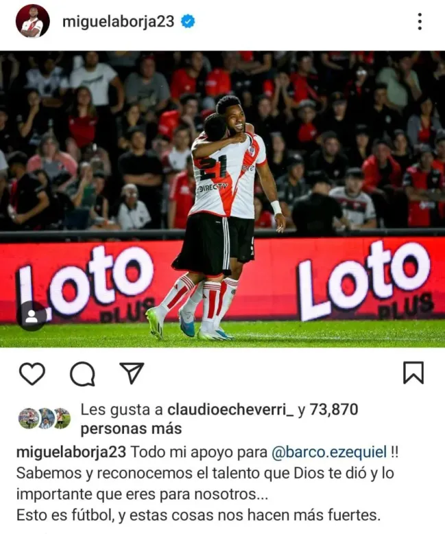 El posteo de Miguel Borja a Esequiel Barco tras los penales errados. (Foto: Instagram).