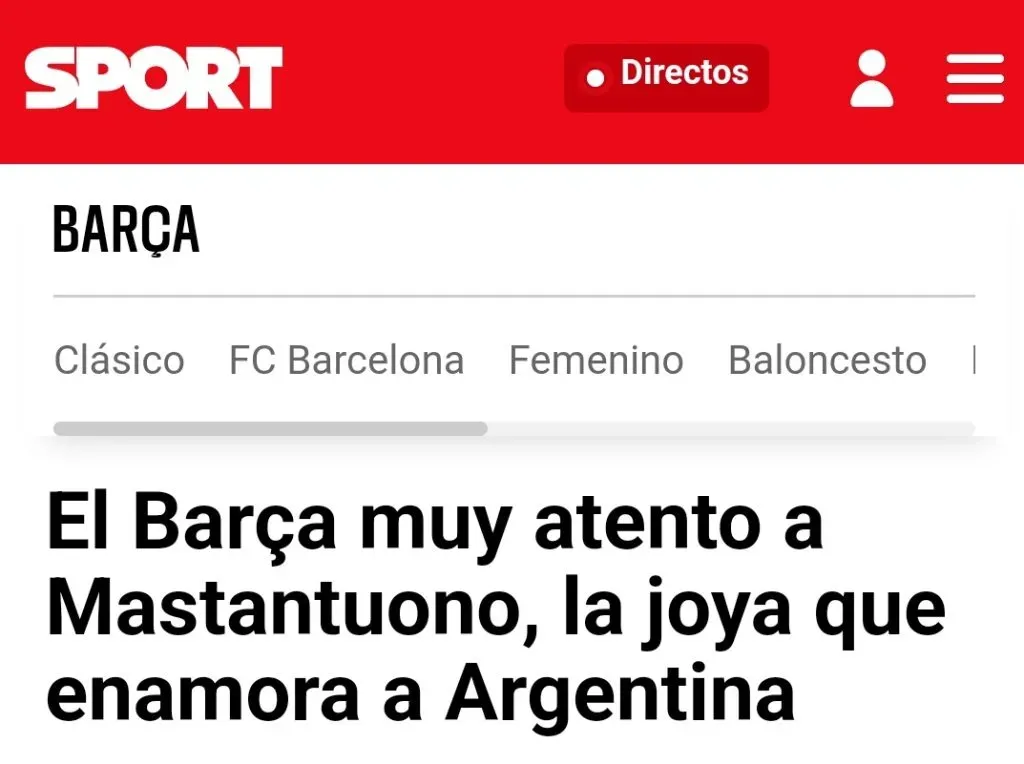 La publicación del Diario Sport hablando sobre Mastantuono.