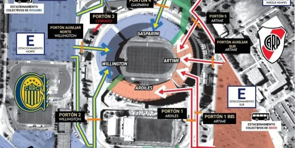 Los accesos a las tribunas del Kempes en el partido ante Central del 2023