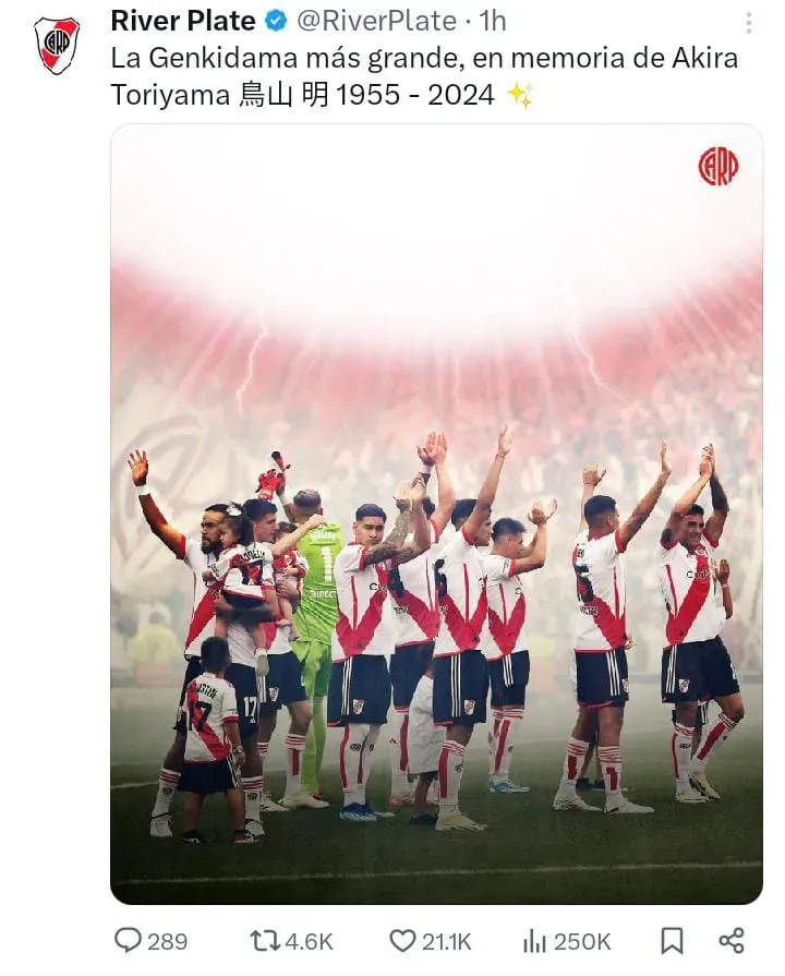 El homenaje de River a Dragon Ball y Akira Toriyama. (Foto: Twitter).