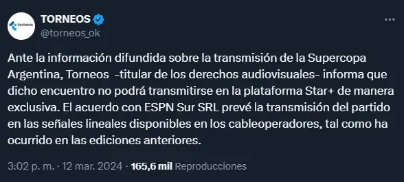 El comunicado que publicó Torneos dos días antes del partido.