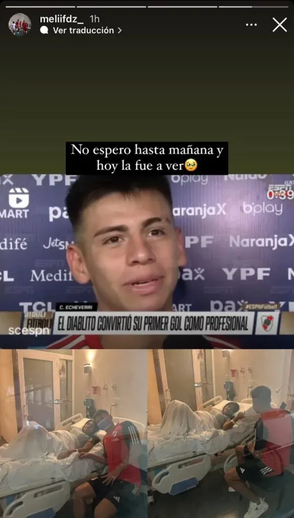 La historia que subió la novia del Diablito Echeverri para mostrar la visita del jugador a su mamá, Rosa, en la clínica donde está internada (FOTO: Instagram/@meliifdz_).