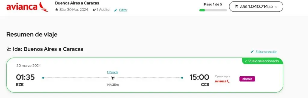 La empresa Avianca ofrece la ruta Buenos Aires – Caracas con una escala en Bogotá.