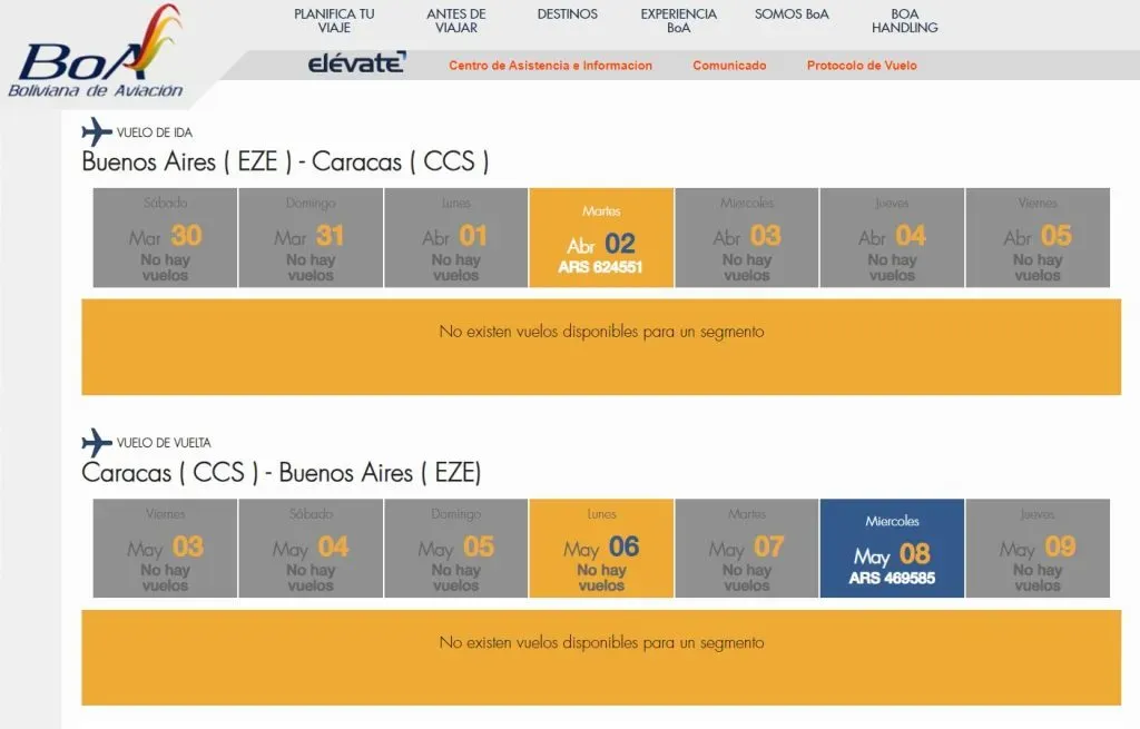 La empresa aérea Boliviana de Aviación ofrece la ruta Buenos Aires – Caracas, pero por el momento no tiene vuelos disponibles.