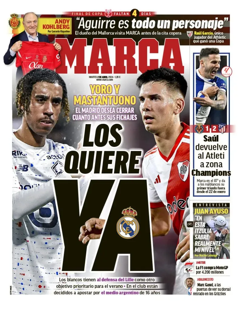 El diario Marca aseguró en su portada del 2 de abril de 2024 que el Real Madrid quiere fichar cuanto antes a Franco Mastantuono (FOTO: Diario Marca, España).