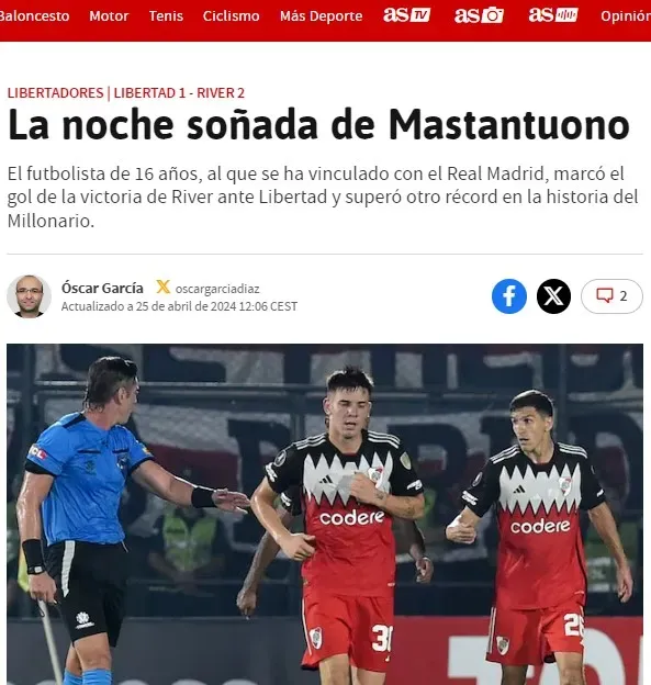 El Diario As y la crónica de una noche feliz para Mastantuono.