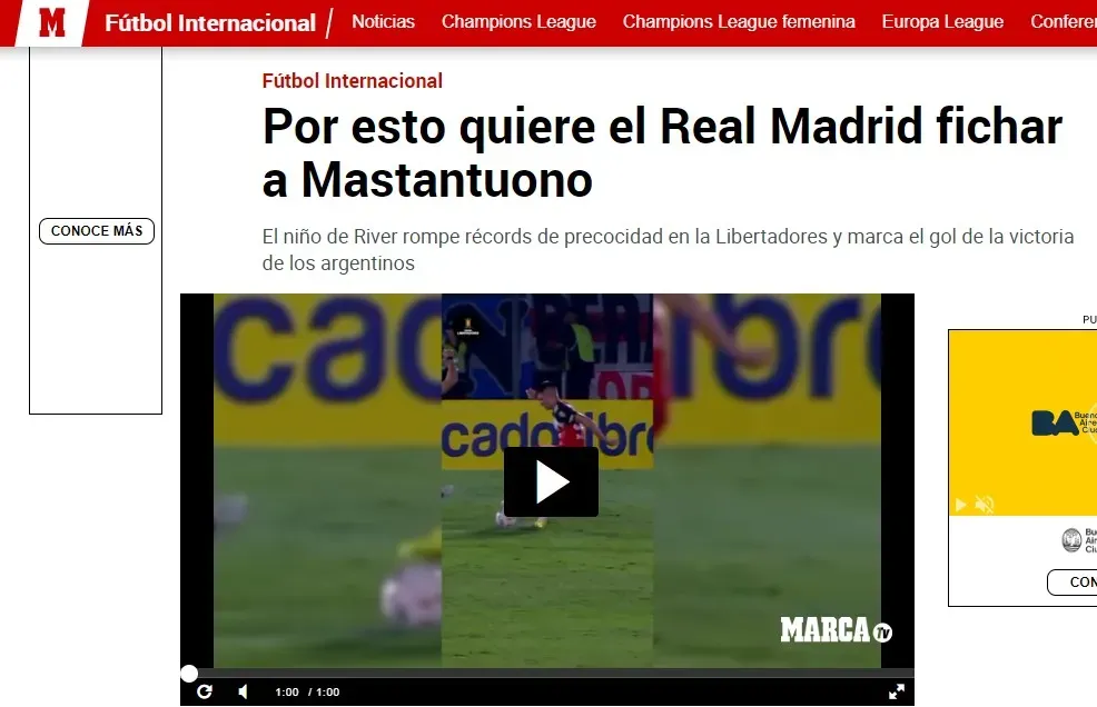 En el diario Marca hablan del interés del Real Madrid por Mastantuono.