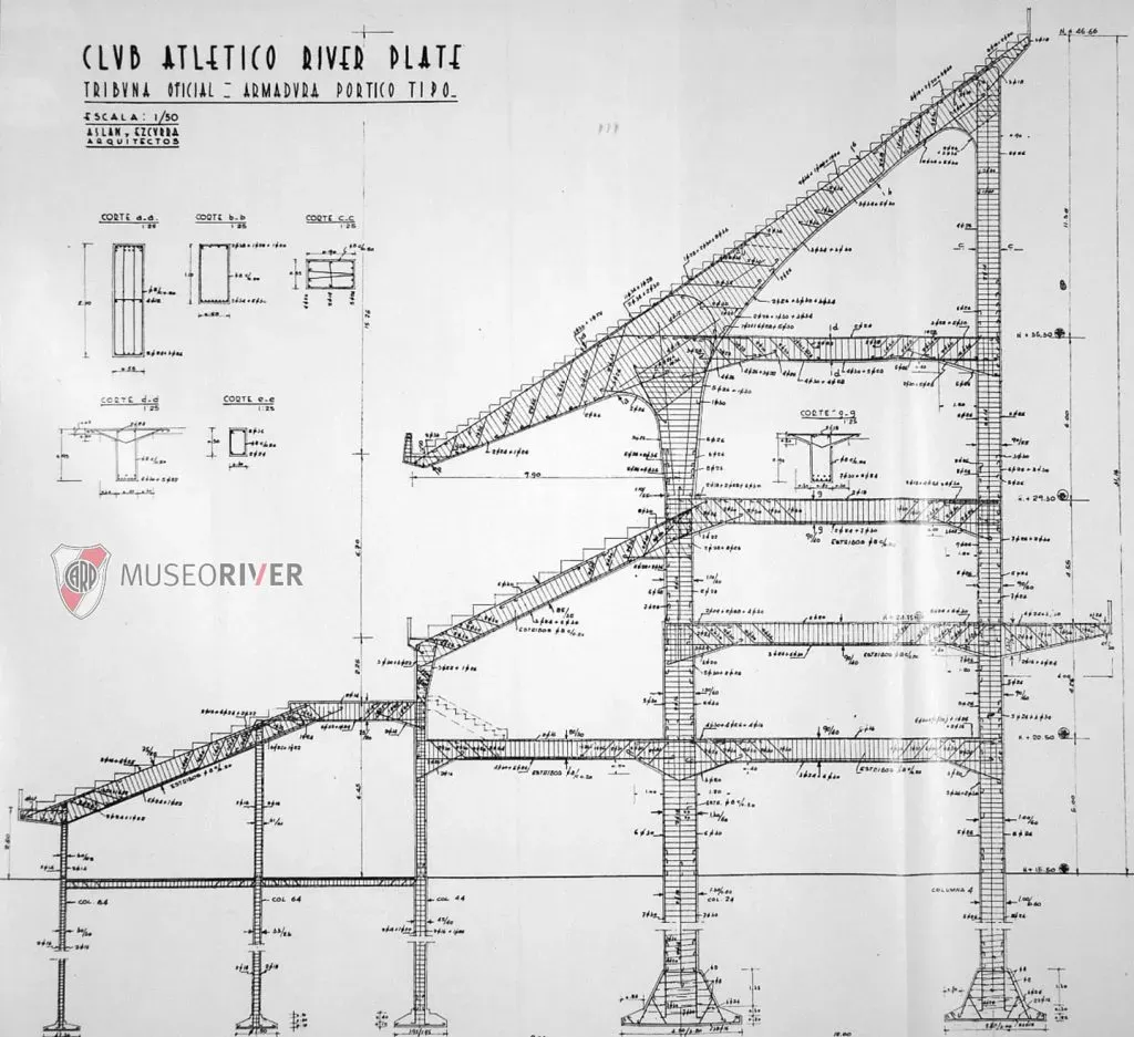 lano de obra de la tribuna Oficial (actual platea San Martín) del Estadio Monumental (Foto: Museo River)