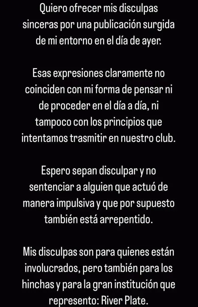 El pedido de disculpas de David Martínez vía Instagram (Foto: Captura)