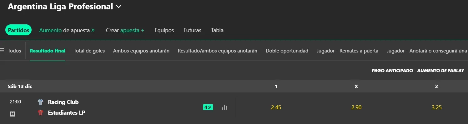 Tomada desde bet365. Cuotas sujetas a modificaciones
