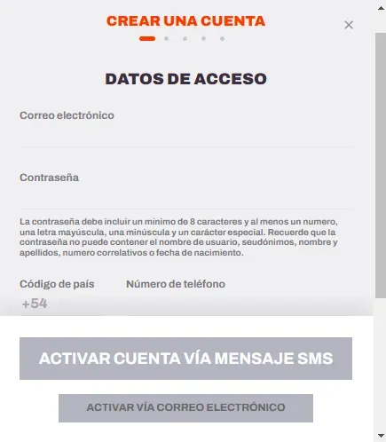 Pantalla de registro para utilizar y activar el código de bono BetWarrior