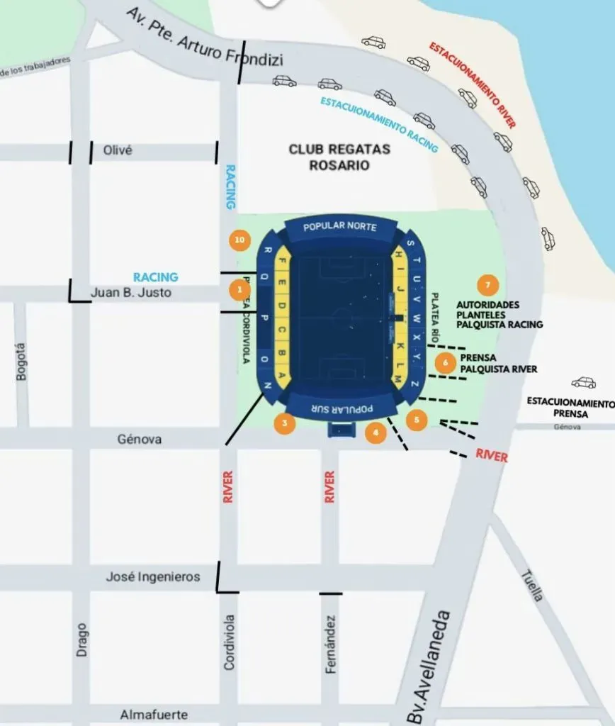 Tribunas y accesos para los hinchas de River en Rosario.