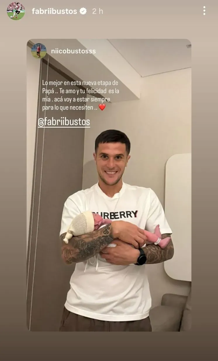 El mensaje del hermano de Fabricio Bustos tras el nacimiento de la hija del lateral derecho de River. (Instagram)