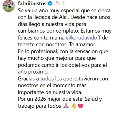 El mensaje de Fabricio Bustos. (Instagram)