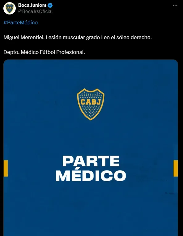 El parte médico de Boca sobre Merentiel. (Captura)