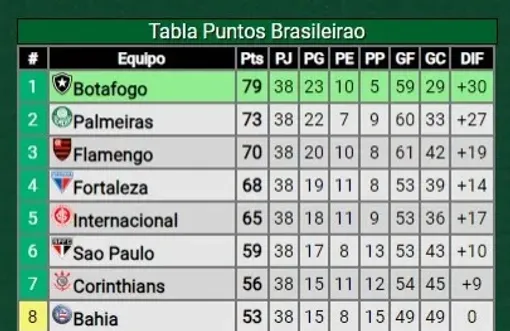 Tabla del Brasileirao. En verde, los clasificados a la Copa Libertadores (Promiedos)