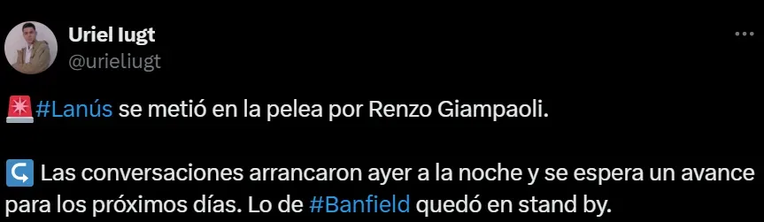 Los dos equipos del sur de Buenos Aires se pelean por Renzo Giampaoli. (Captura)