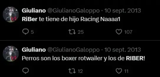 Los tuits de Galoppo en contra de River. (Captura)