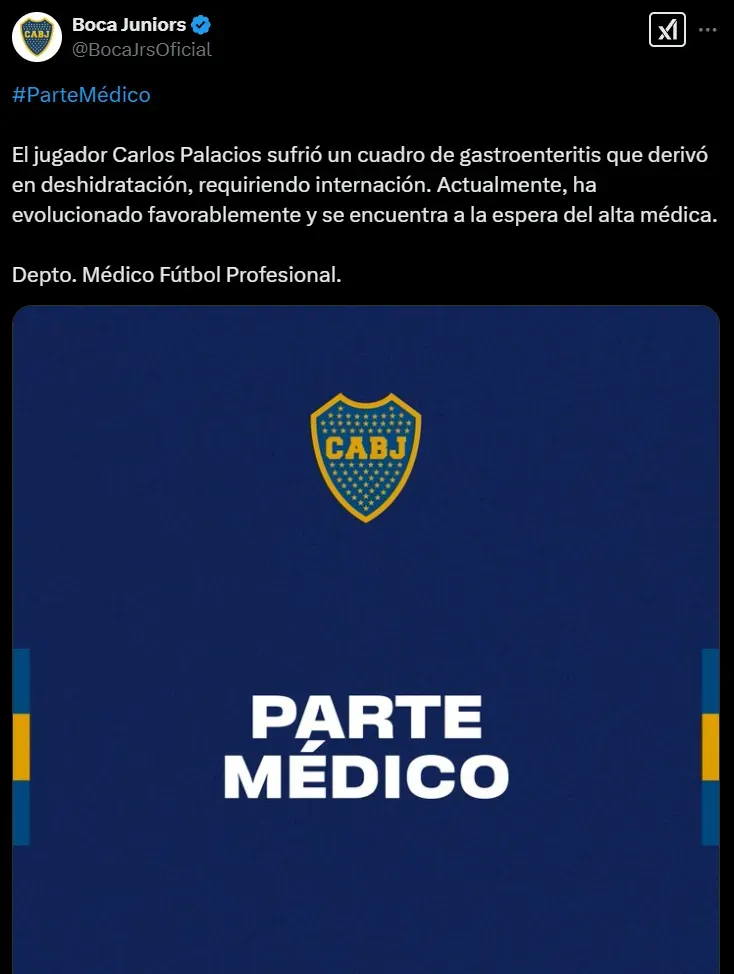 El parte médico de Carlos Palacios.