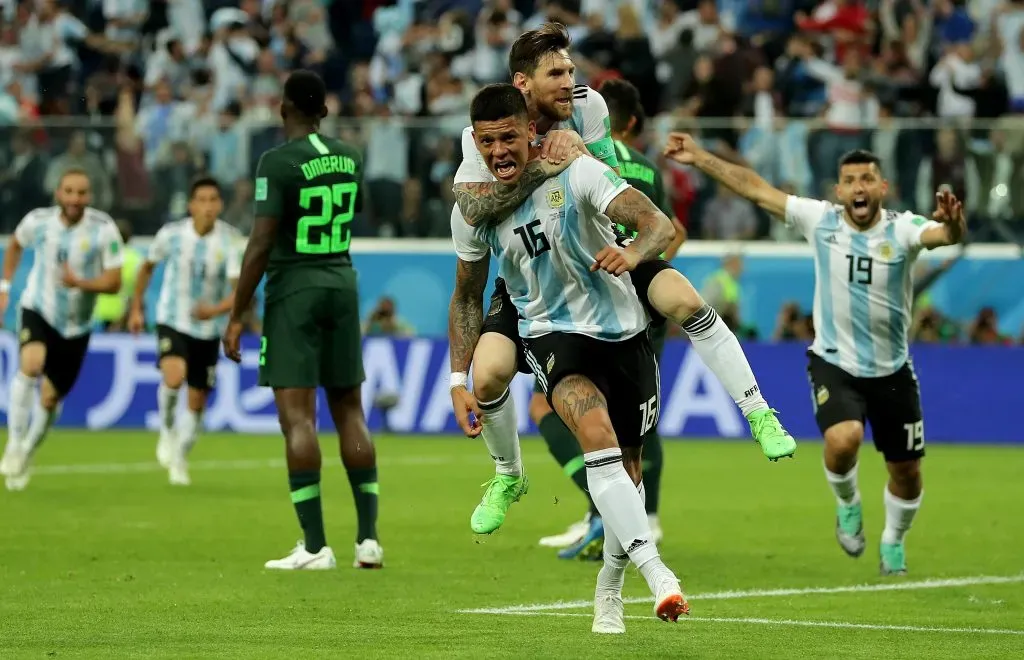 Marcos Rojo junto a Lionel Messi en Argentina vs. Nigeria en Rusia 2018 (Getty Images)