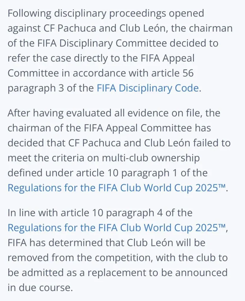 El comunicado oficial de la FIFA haciendo efectiva la descalificación de León. (FIFA Oficial)