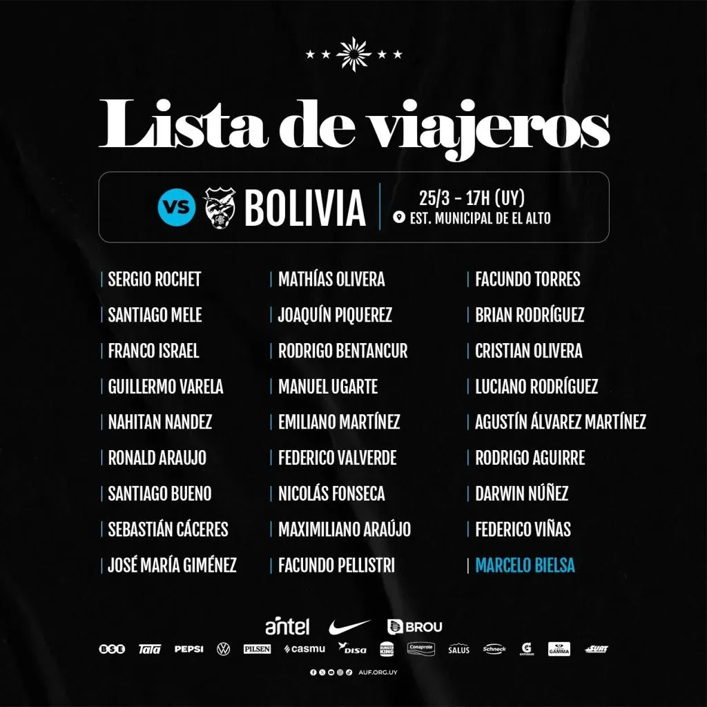 La lista de Uruguay para el partido contra Bolivia (Foto: Uruguay Oficial)