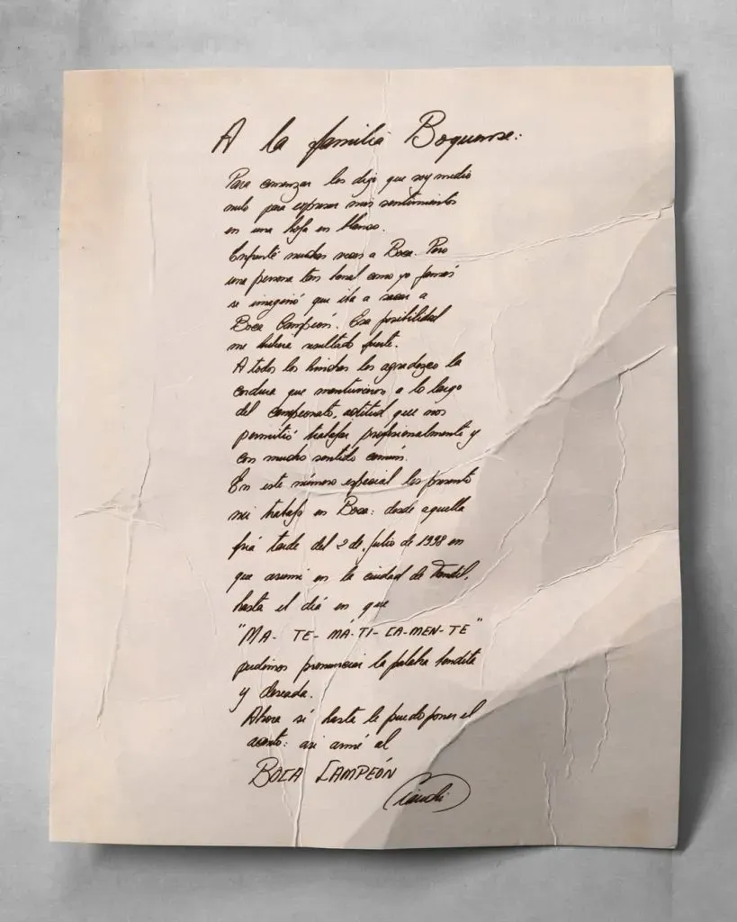 La carta que Bianchi le escribió a los hinchas tras su primer título en Boca. (@historiadeboca)
