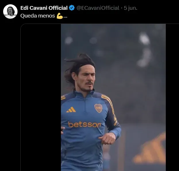 El tuit de Cavani sobre su recuperación.