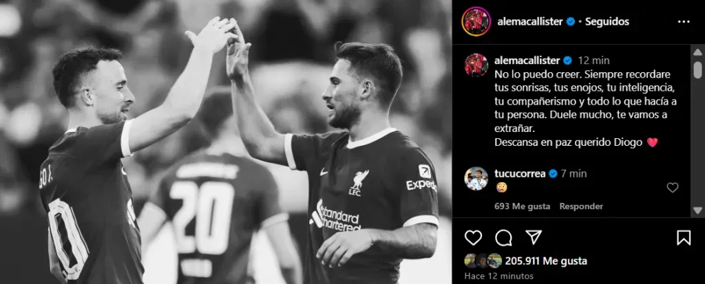 El posteo de Alexis Mac Allister para Diogo Jota. (Captura)