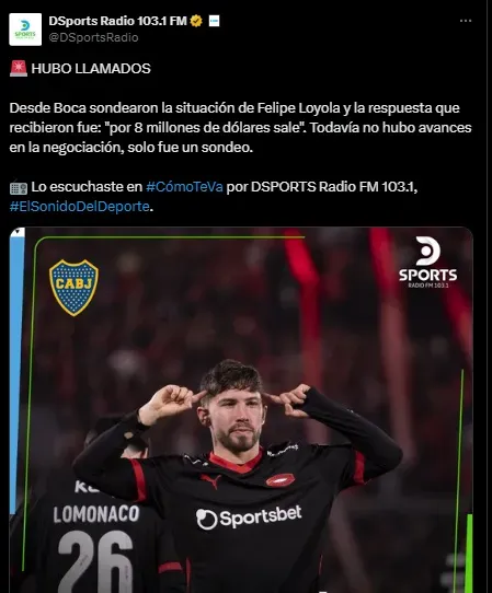 Boca llamó a Felipe Loyola. (Captura)