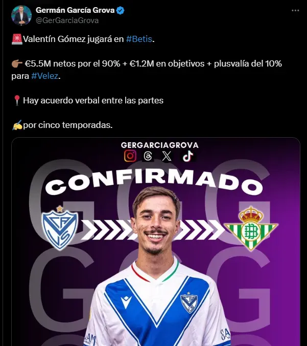 Valentín Gómez, nuevo refuerzo del Betis. (Captura)