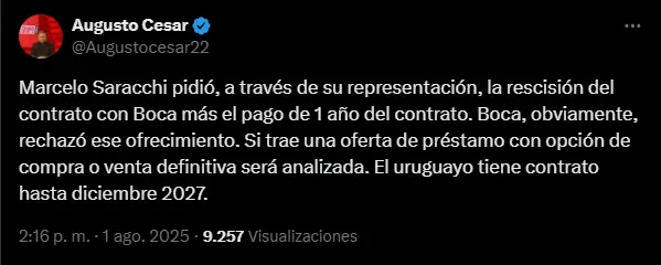 Marcelo Saracchi quiere rescindir contrato, pero Boca le dijo que ‘no’.