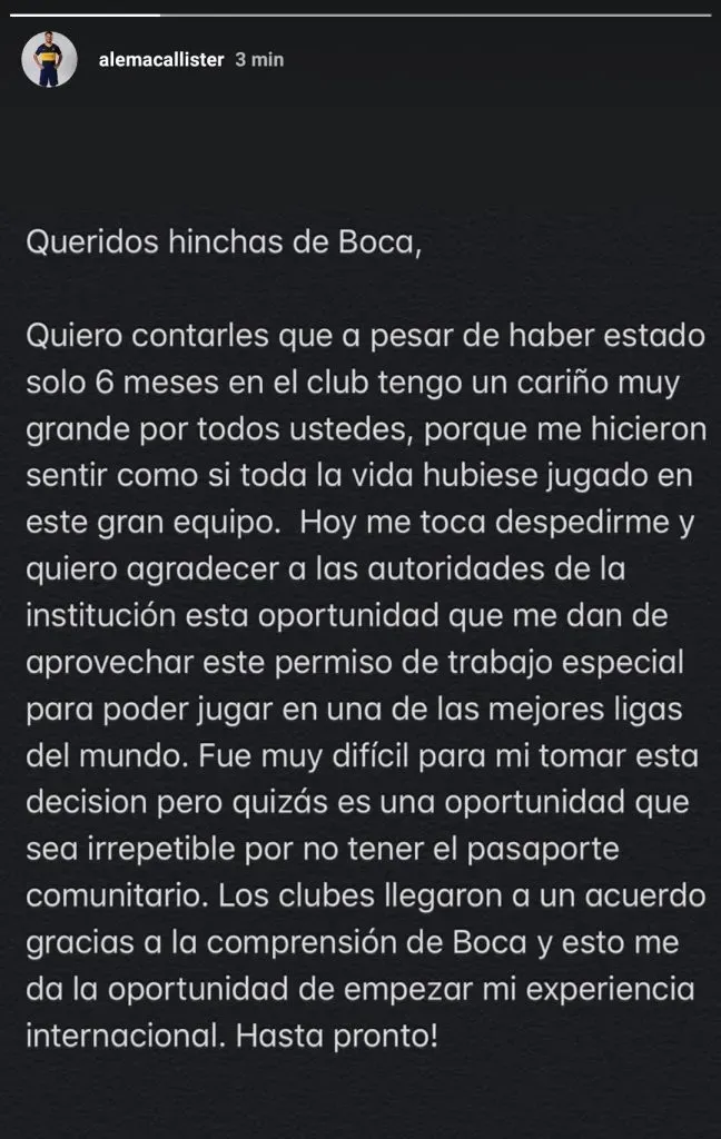 La despedida de Mac Allister en 2020, muy diferente a lo que contó en la entrevista. (X)