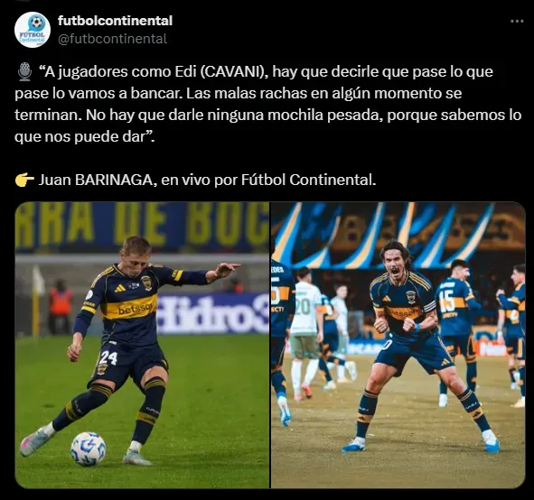Barinago y un respaldo importante a Cavani. (Captura)