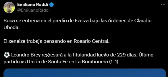 Brey sería titular en Boca-Rosario Central. (Captura)
