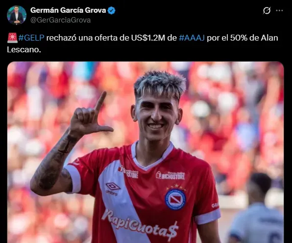 Argentinos Juniors hizo una oferta por Lescano, que fue rechazada. (Captura)