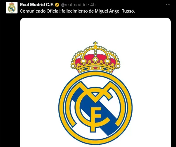El comunicado del Real Madrid por la muerte de Russo. (Captura)