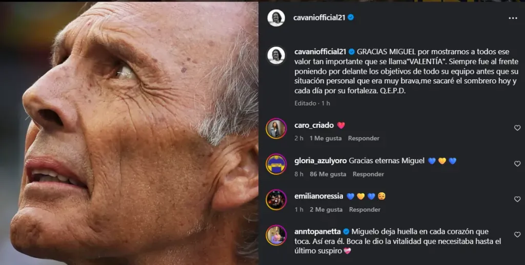 El mensaje de Cavani sobre el fallecimiento de Russo. (Instagram)