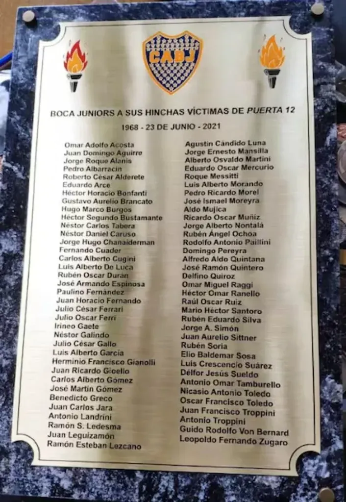 La placa de Boca por la tragedia de Puerta 12.