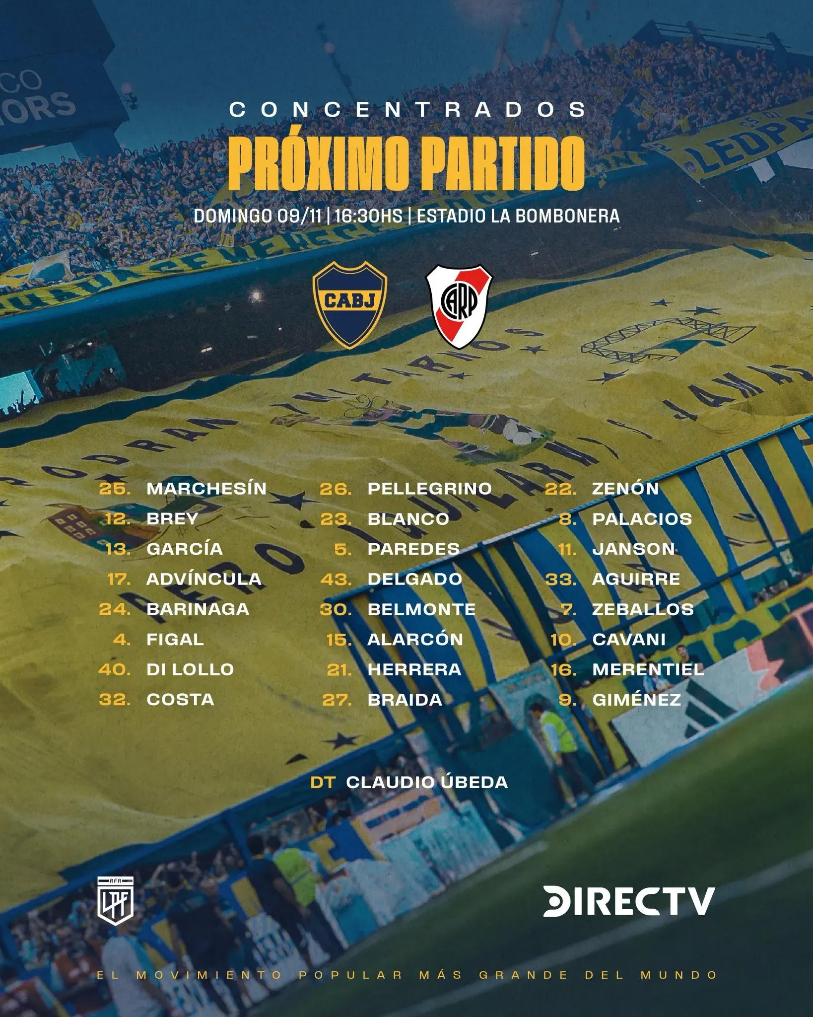 La lista de concentrados vs. River (Boca Oficial).