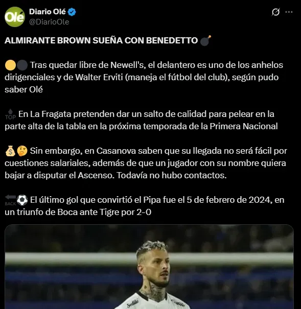 Almirante Brown quiere a Benedetto. (Captura)