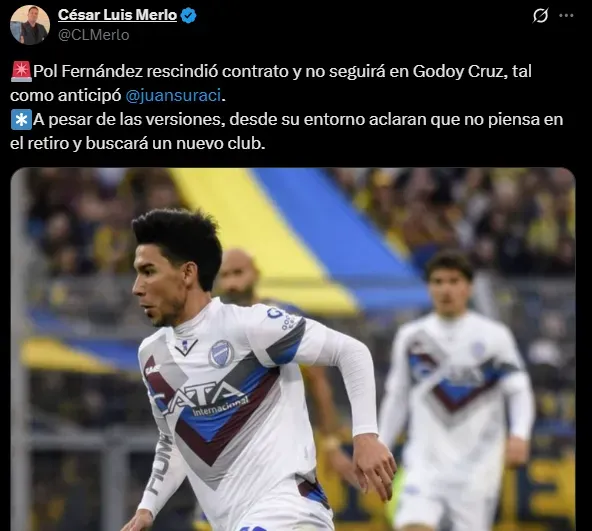 Pol Fernández no sigue en Godoy Cruz. (Captura)