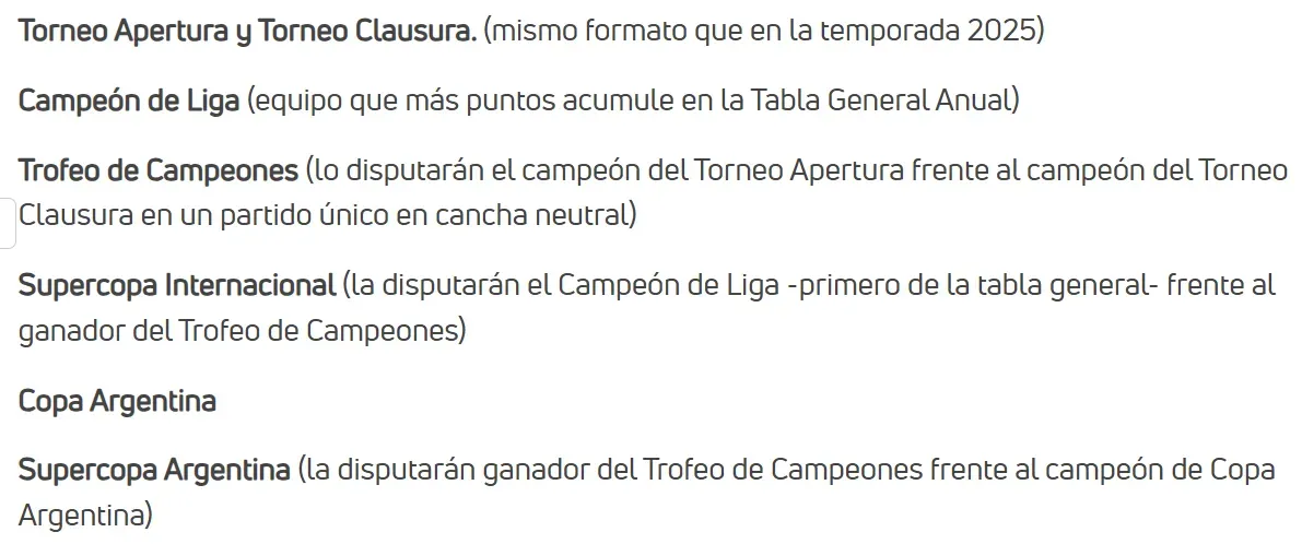 Los siete títulos del fútbol argentino en 2026. (Captura)