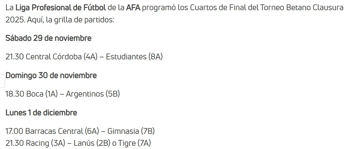Horario confirmado de Boca vs. Argentinos. (Captura)